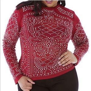 Plus Size Sparkling Studs Sheer Red Top